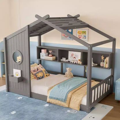 Lit de sol Montessori double en bois de pin massif avec étagère de rangement et toit
