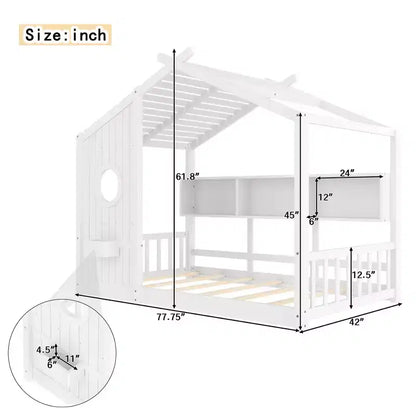 Lit de sol Montessori double en bois de pin massif avec étagère de rangement et toit