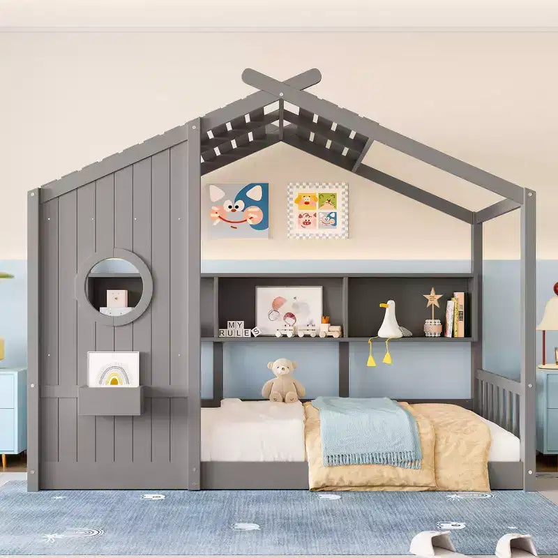 Lit de sol Montessori double en bois de pin massif avec étagère de rangement et toit