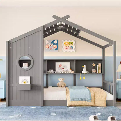 Lit de sol Montessori double en bois de pin massif avec étagère de rangement et toit
