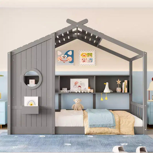 Lit de sol Montessori double en bois de pin massif avec étagère de rangement et toit