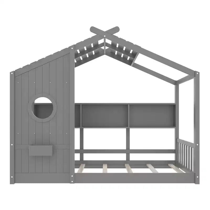 Lit de sol Montessori double en bois de pin massif avec étagère de rangement et toit