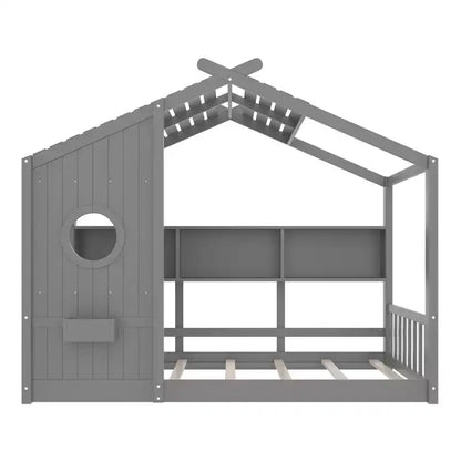 Lit de sol Montessori double en bois de pin massif avec étagère de rangement et toit