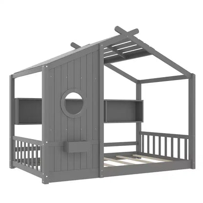Lit de sol Montessori double en bois de pin massif avec étagère de rangement et toit