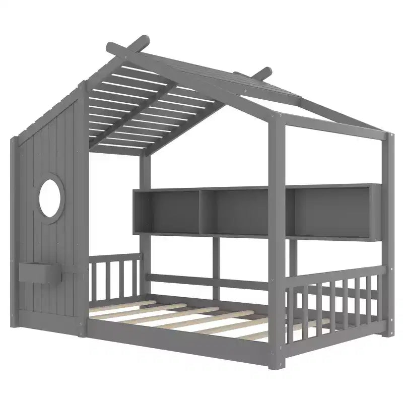 Lit de sol Montessori double en bois de pin massif avec étagère de rangement et toit