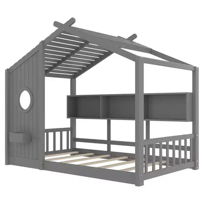 Lit de sol Montessori double en bois de pin massif avec étagère de rangement et toit