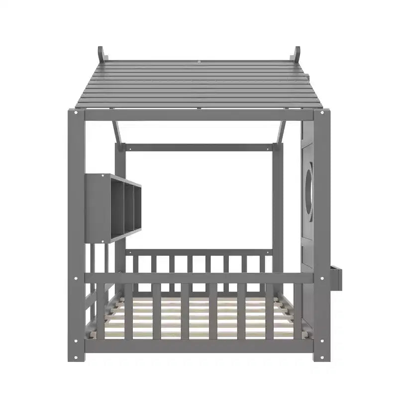 Lit de sol Montessori double en bois de pin massif avec étagère de rangement et toit