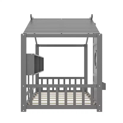 Lit de sol Montessori double en bois de pin massif avec étagère de rangement et toit