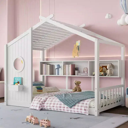 Lit de sol Montessori double en bois de pin massif avec étagère de rangement et toit