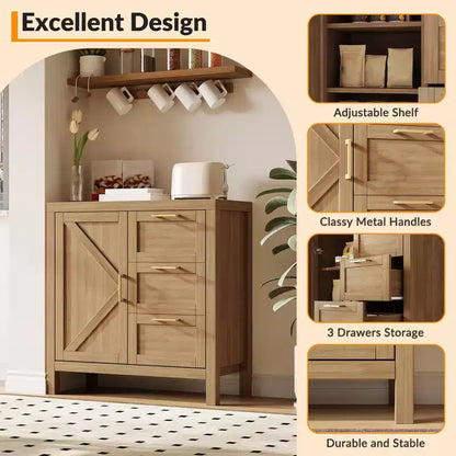 Un buffet avec rangement, en bois, comprenant 3 tiroirs et 1 placard, des étagères réglables et des pieds en bois. Convient aux salons.