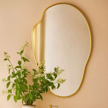 Miroir mural asymétrique 22"x34" en or brossé, cadre irrégulier en laiton, fixation murale pour salle de bain et entrée