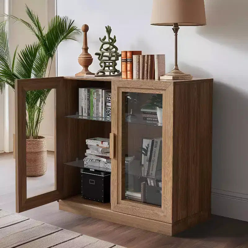 Étagère à livres moderne en bois de 31 po avec 2 portes vitrées et tablette ajustable, naturelle