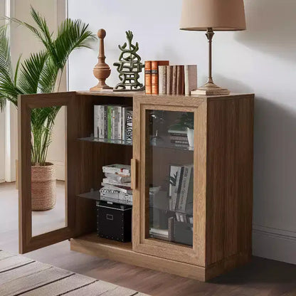Étagère à livres moderne en bois de 31 po avec 2 portes vitrées et tablette ajustable, naturelle