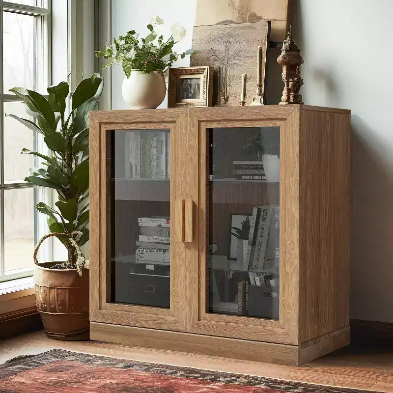 Étagère à livres moderne en bois de 31 po avec 2 portes vitrées et tablette ajustable, naturelle