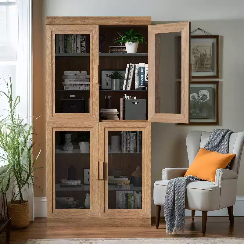 Étagère à livres moderne en bois de 31 po avec 2 portes vitrées et tablette ajustable, naturelle