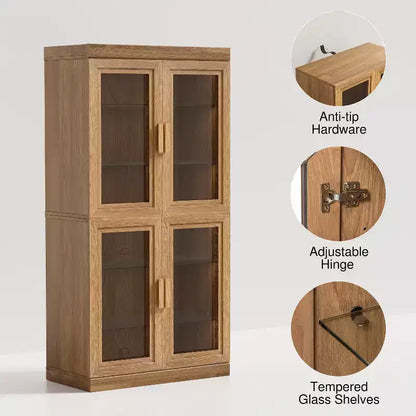 Étagère à livres moderne en bois de 31 po avec 2 portes vitrées et tablette ajustable, naturelle