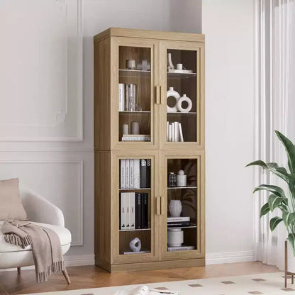 Bibliothèque moderne en bois de 36 po avec 2 portes en verre et étagère réglable, naturelle