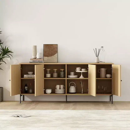Bahut moderne à portes à lattes de 180 cm avec 4 étagères réglables et pieds en métal noir