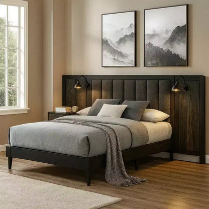 Lit plateforme Queen Size avec tête de lit capitonnée, éclairage LED et cadre en bois marron foncé
