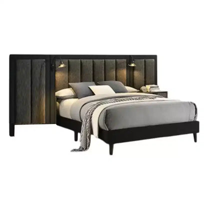 Lit plateforme Queen Size avec tête de lit capitonnée, éclairage LED et cadre en bois marron foncé