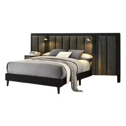 Lit plateforme Queen Size avec tête de lit capitonnée, éclairage LED et cadre en bois marron foncé