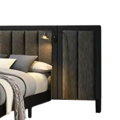 Lit plateforme Queen Size avec tête de lit capitonnée, éclairage LED et cadre en bois marron foncé