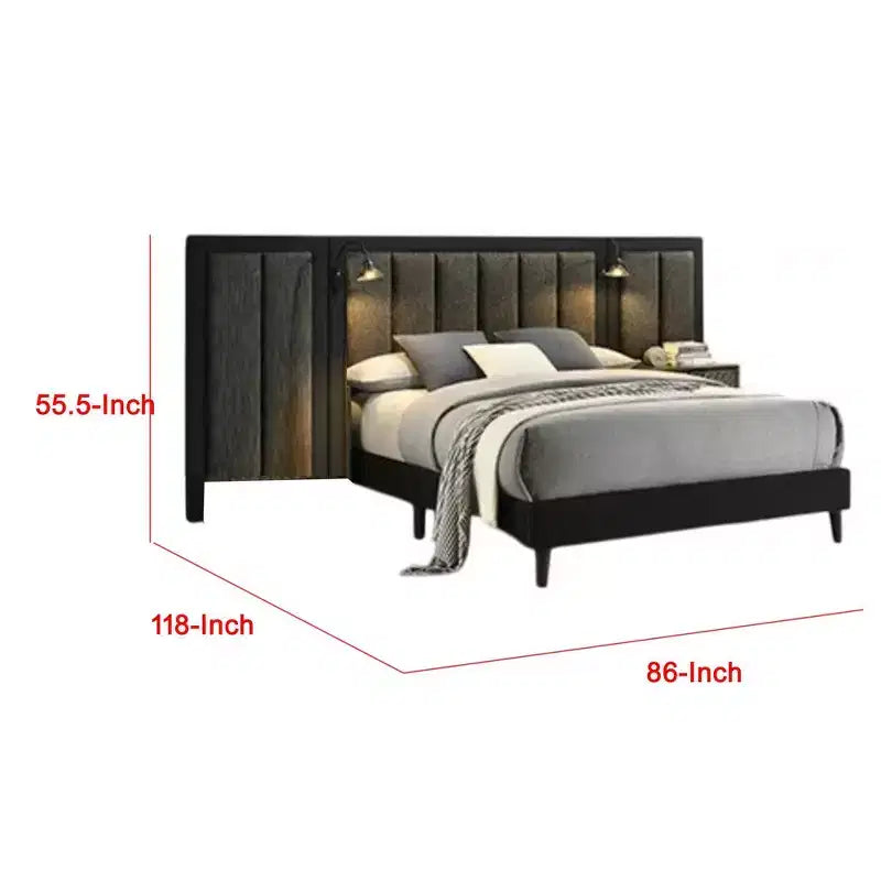 Lit plateforme Queen Size avec tête de lit capitonnée, éclairage LED et cadre en bois marron foncé