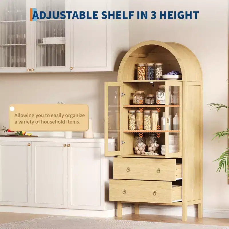 71 Armoire de rangement cintrée avec portes vitrées, garde-manger de style ferme avec 2 tiroirs et étagères réglables, pour salle à manger, salon, bureau - Naturel