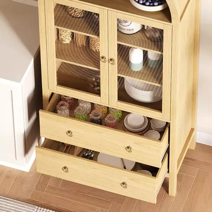 71 Armoire de rangement cintrée avec portes vitrées, garde-manger de style ferme avec 2 tiroirs et étagères réglables, pour salle à manger, salon, bureau - Naturel