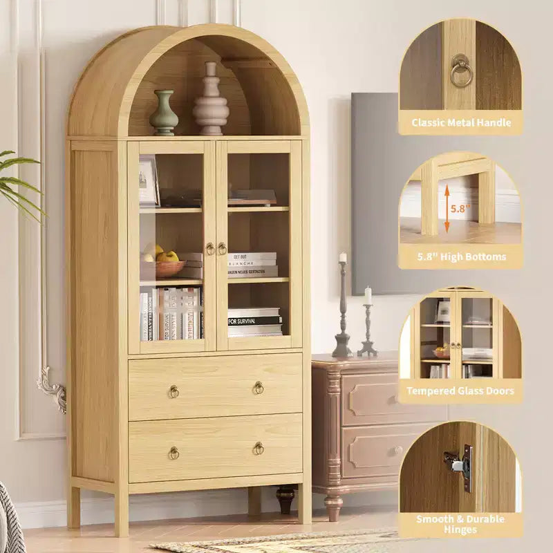 71 Armoire de rangement cintrée avec portes vitrées, garde-manger de style ferme avec 2 tiroirs et étagères réglables, pour salle à manger, salon, bureau - Naturel