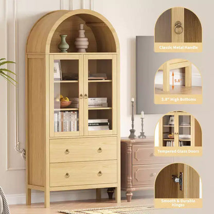 71 Armoire de rangement cintrée avec portes vitrées, garde-manger de style ferme avec 2 tiroirs et étagères réglables, pour salle à manger, salon, bureau - Naturel