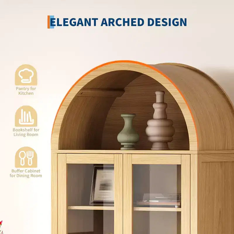 71 Armoire de rangement cintrée avec portes vitrées, garde-manger de style ferme avec 2 tiroirs et étagères réglables, pour salle à manger, salon, bureau - Naturel