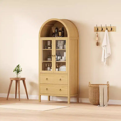 71 Armoire de rangement cintrée avec portes vitrées, garde-manger de style ferme avec 2 tiroirs et étagères réglables, pour salle à manger, salon, bureau - Naturel
